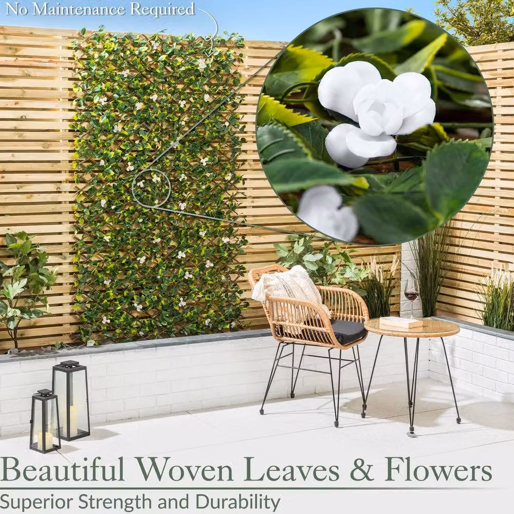 Christow Expanding Artificial Leaf Flower Trellis Garden Screening, White and Green, W: 200 cm, H: 100 cm – 2