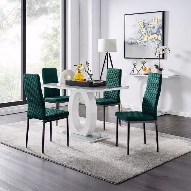 FurnitureboxUK Giovani Grey Glass Dining Table and 4 Green Velvet Milan Chairs with Black Legs