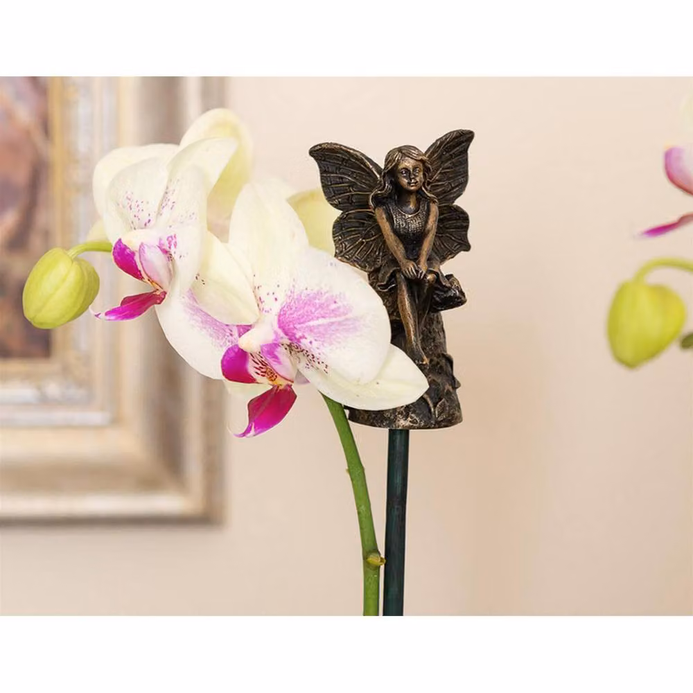 Jardinopia Fairy Sitting On Tree Stump Stake or Cane Topper in Bronze, W: 5 cm, D: 4.5 cm, H: 8.5 cm – 3