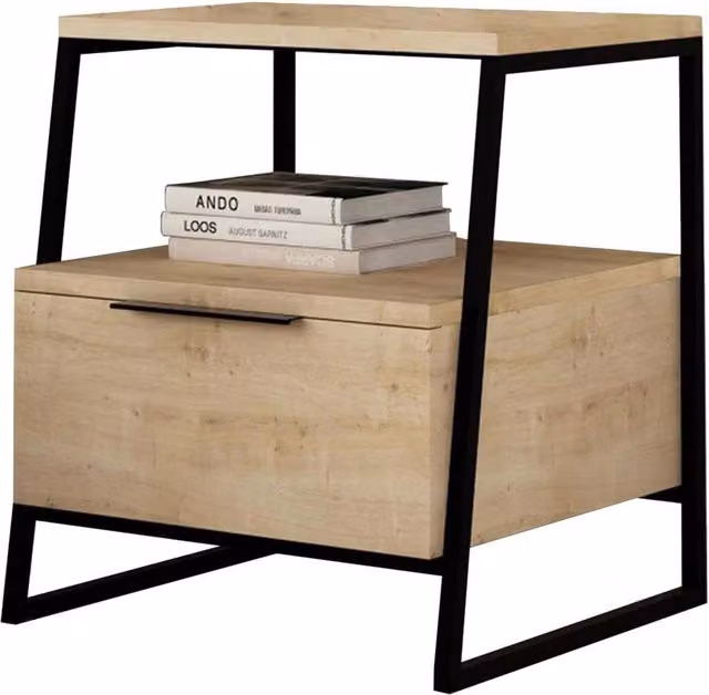 Havendro Oak 1 Door Bedside Table with Black Metal Frame in Light Oak – 1