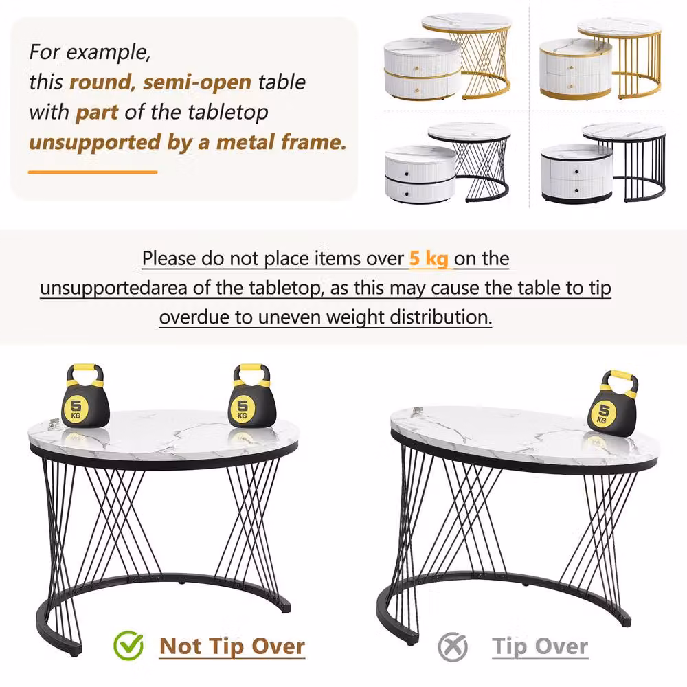 Matteo Modern Round Nesting Coffee Table Set with Marble Top and 2 Drawers in White and Black – 3