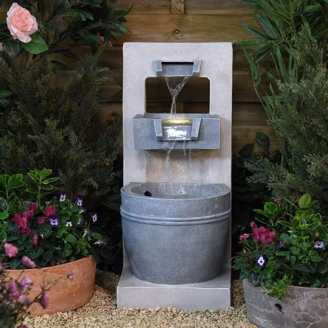 Serenity Rectangular Tabletop Cascading Bowl LED Water Feature in Grey and Beige Stone Effect