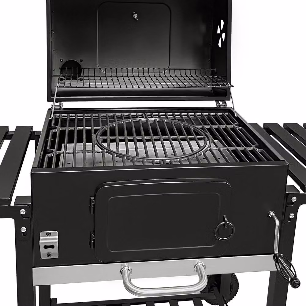 Monstershop XL Offset Charcoal BBQ Smoker Grill in Black with Thermometer and Cast Iron Components, W/D/H: 120 x 67 x 132 cm – 3