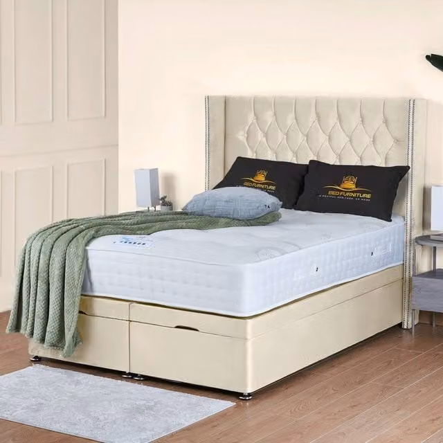 UK Bed Furniture Francesca End Lift Divan Ottoman Bed with 54 Inch Diamond Headboard in Beige, Size: Small Double (W/D/H: 120 x 200 cm)
