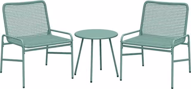 Outsunny 3 Piece Rattan Bistro Set with 2 Chairs and Round Coffee Table in Green