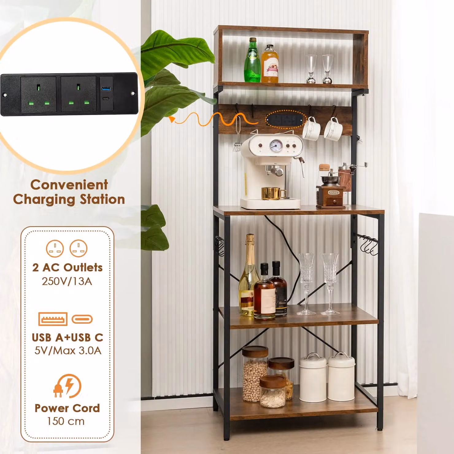 Costway Kitchen Bakers Rack Microwave Stand with Power Outlet in Brown, Height: 153 cm – 7