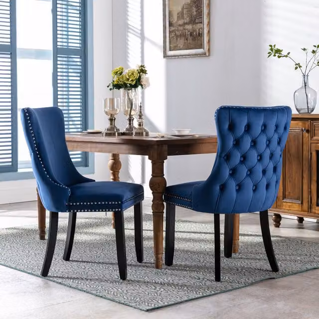 Home Touch Interiors Shalon Blue Velvet Upholstered Dining Chairs with Tufted Wing Back, Set of 2