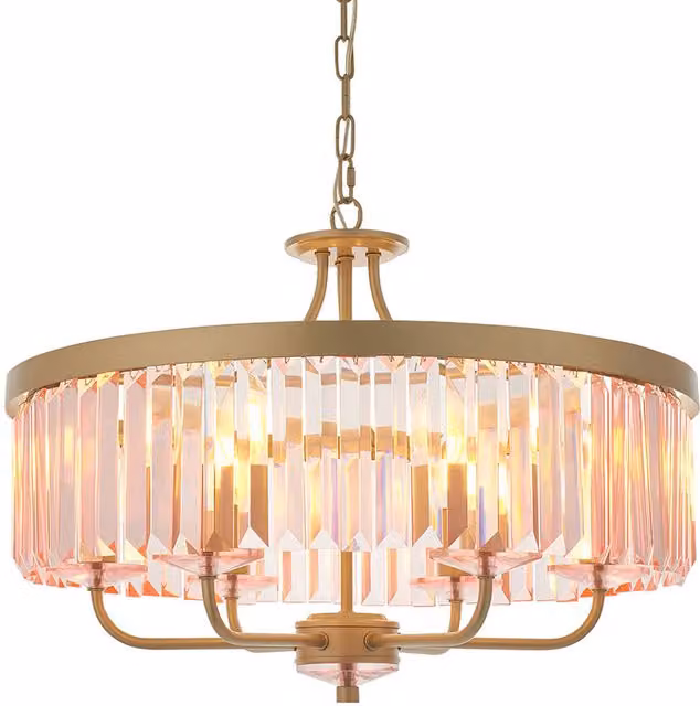 Merano 6 Light Suspended Ceiling Pendant in Gold/Brass with Rose Pink and Yellow Glass