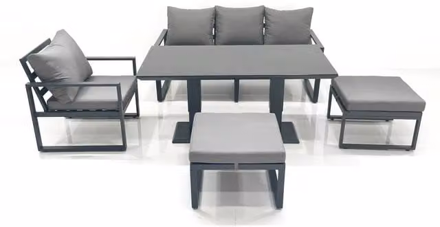 Fimous 6 Seater Garden Sofa Set with Height Adjustable Dining Table and 2 Large Footstools in Dark Grey Aluminium