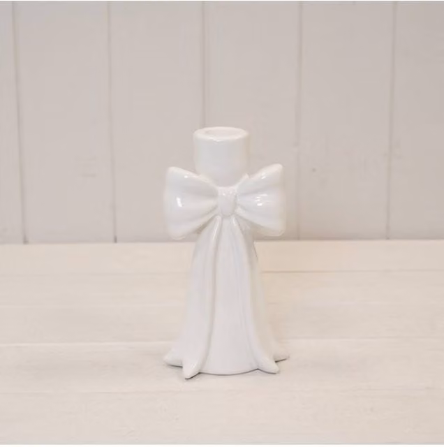 KDMD Tall Draping Bow Taper Candle Holder in White Ceramic