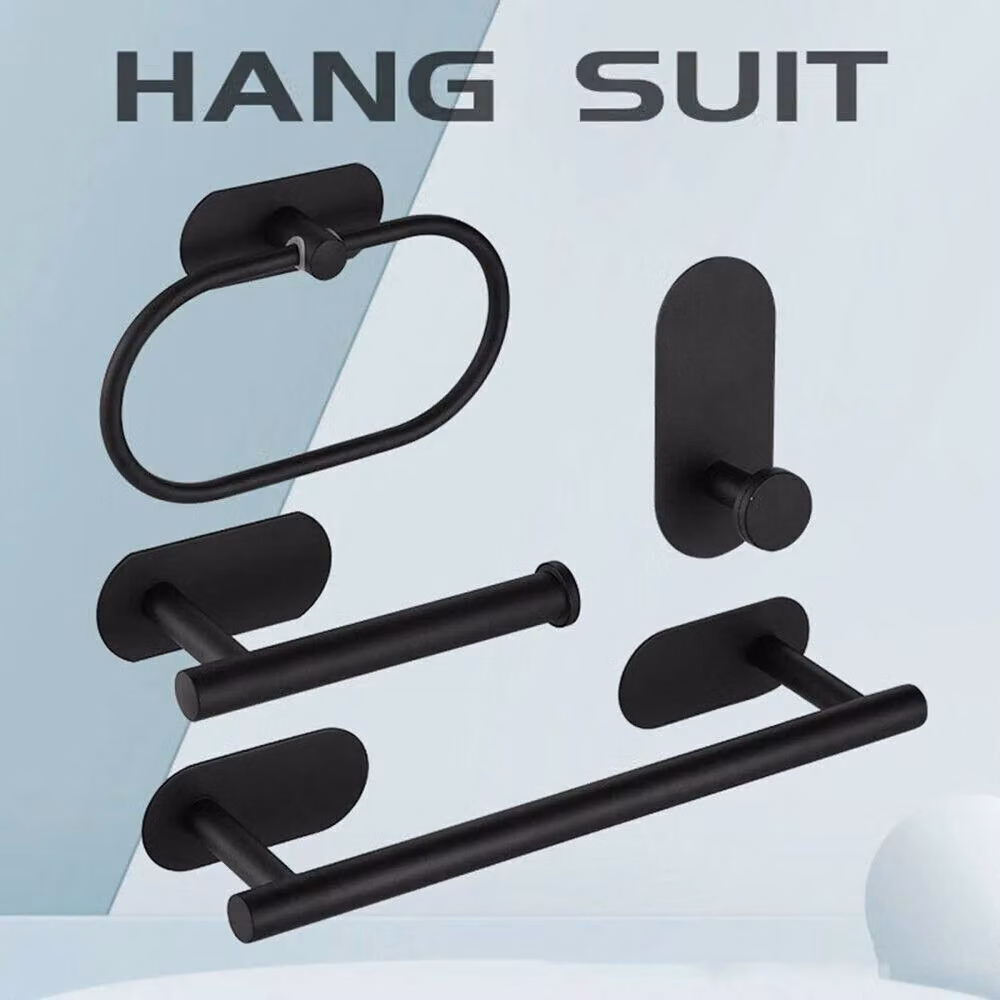 KORVIXA Black Matt Stainless Steel Bathroom Hardware Set with Toilet Paper Holder, Towel Rack and Hook – 2