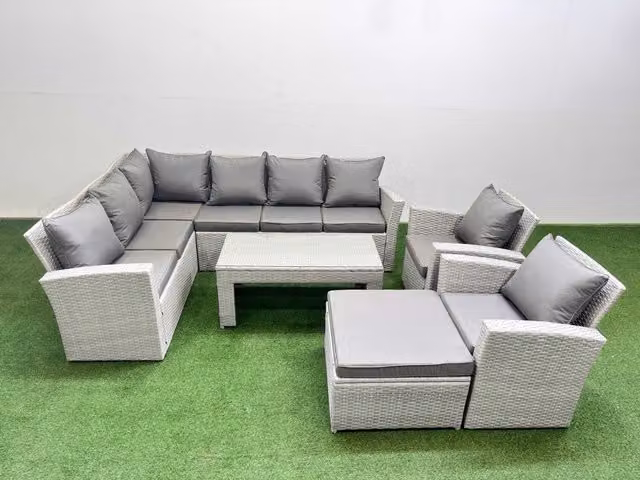 Fimous 9 Seater L-Shape Outdoor Corner Sofa Set in Light Grey with Armchair and Ottoman