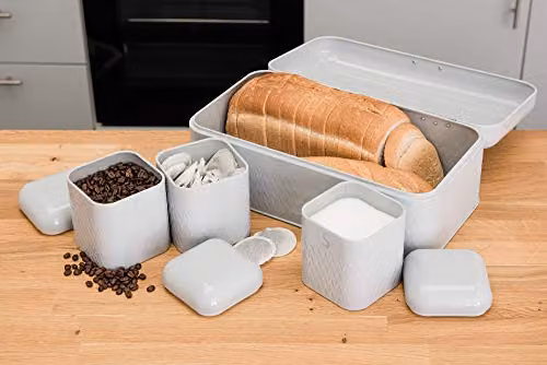 LIVIVO Taurus 4pc Kitchen Storage Set with Airtight Bread Bin and Canisters for Tea, Coffee and Sugar in Grey – 4