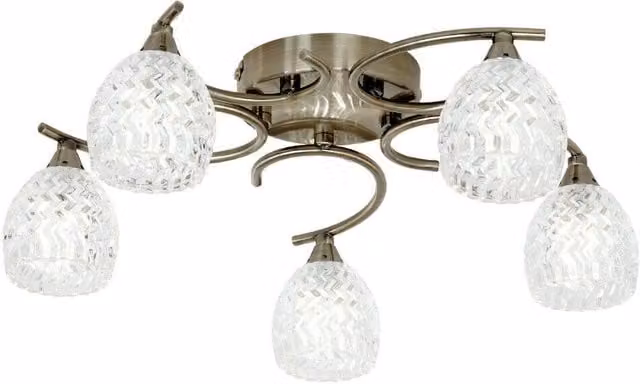 Loops Semi Flush Ceiling Light in Brass with Transparent Textured Glass, 5 Bulb Modern Pendant Shade