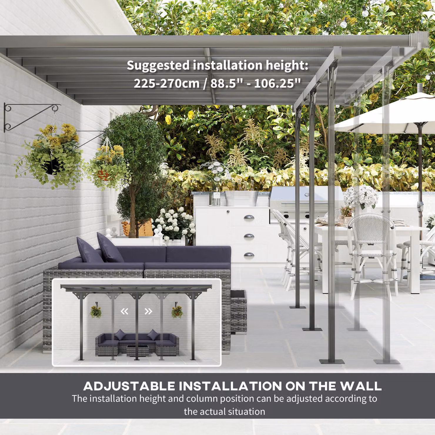 Outsunny Grey Wall-mounted Aluminium Lean-to Pergola with Polycarbonate Roof and Curtains, W: 435 cm, D: 300 cm – 4