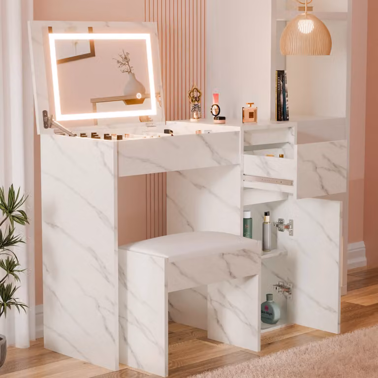 DHS Small White Marble Dressing Table with Hollywood LED Mirror and Stool