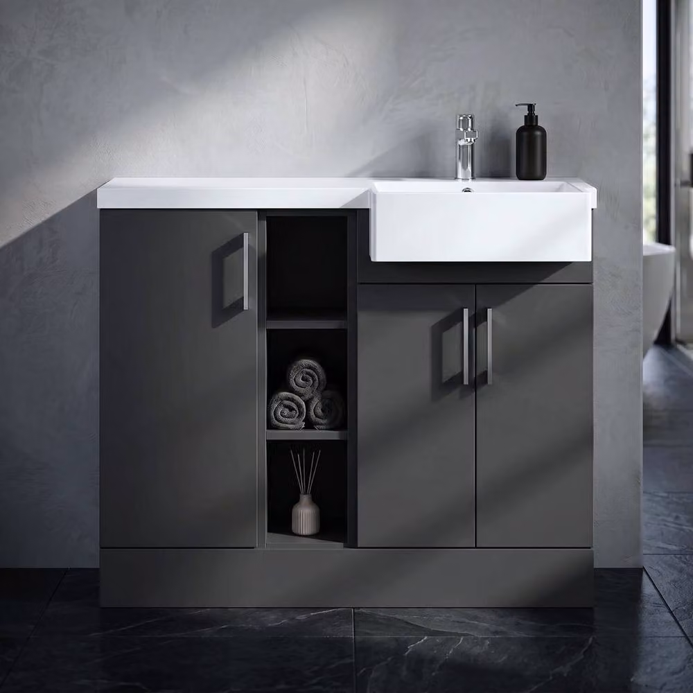 Balterley Wichnor Modern 3 Door Freestanding Combination Vanity Basin Unit with Open Shelves and Soft Close Doors, Grey, W: 100 cm – 3