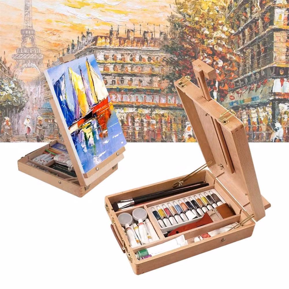 Nordara Portable Wooden Artist Easel Sketch Box with Table Desk Drawer in Natural Brown – 2