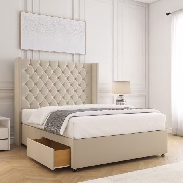 BSSPOKE Winchester Plush Divan Bed with 54 inch Headboard and 2 Drawers in Cream Velvet Fabric, King Size W/D/H: 180 x 200 x 30.48 cm