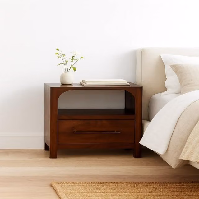 Artisan Furniture Solid Mango Wood Arched Edge 1 Drawer Bedside Table in Brown