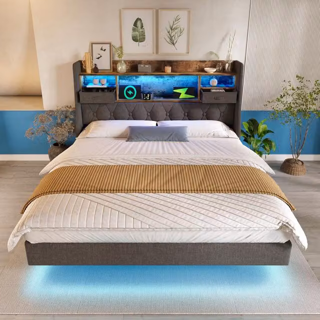 Aosom UK Upholstered Double Floating Bed in Grey with LED Mood Lighting, Storage Headboard, USB Charging Port and Side Compartments, W/D/H: 142 x 202 x 114 cm – 1
