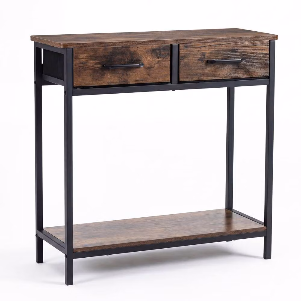 Gymax Brown Industrial Console Table with 2 Fabric Drawers – 4