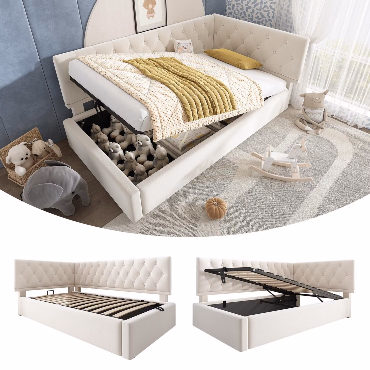Aosom UK Beige Upholstered Single Sofa Bed Daybed with Hydraulic Ottoman Storage and Reversible Headboard, L: 196 cm, W: 100 cm, H: 77 cm – 3