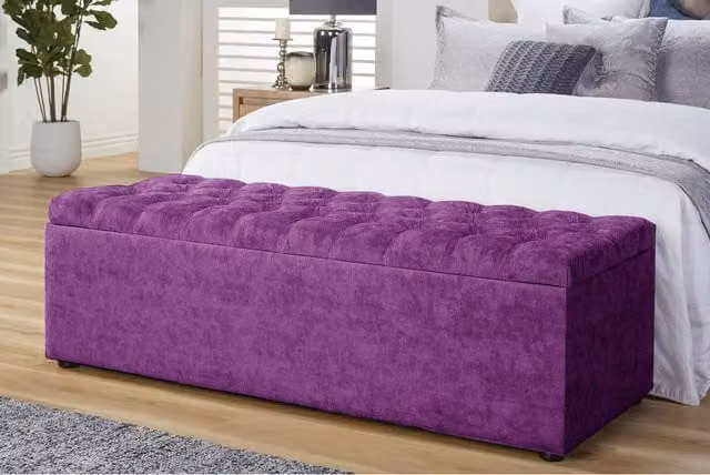 R&M Furnishers Chesterfield Naples Upholstered Ottoman Storage Box in Purple Velvet