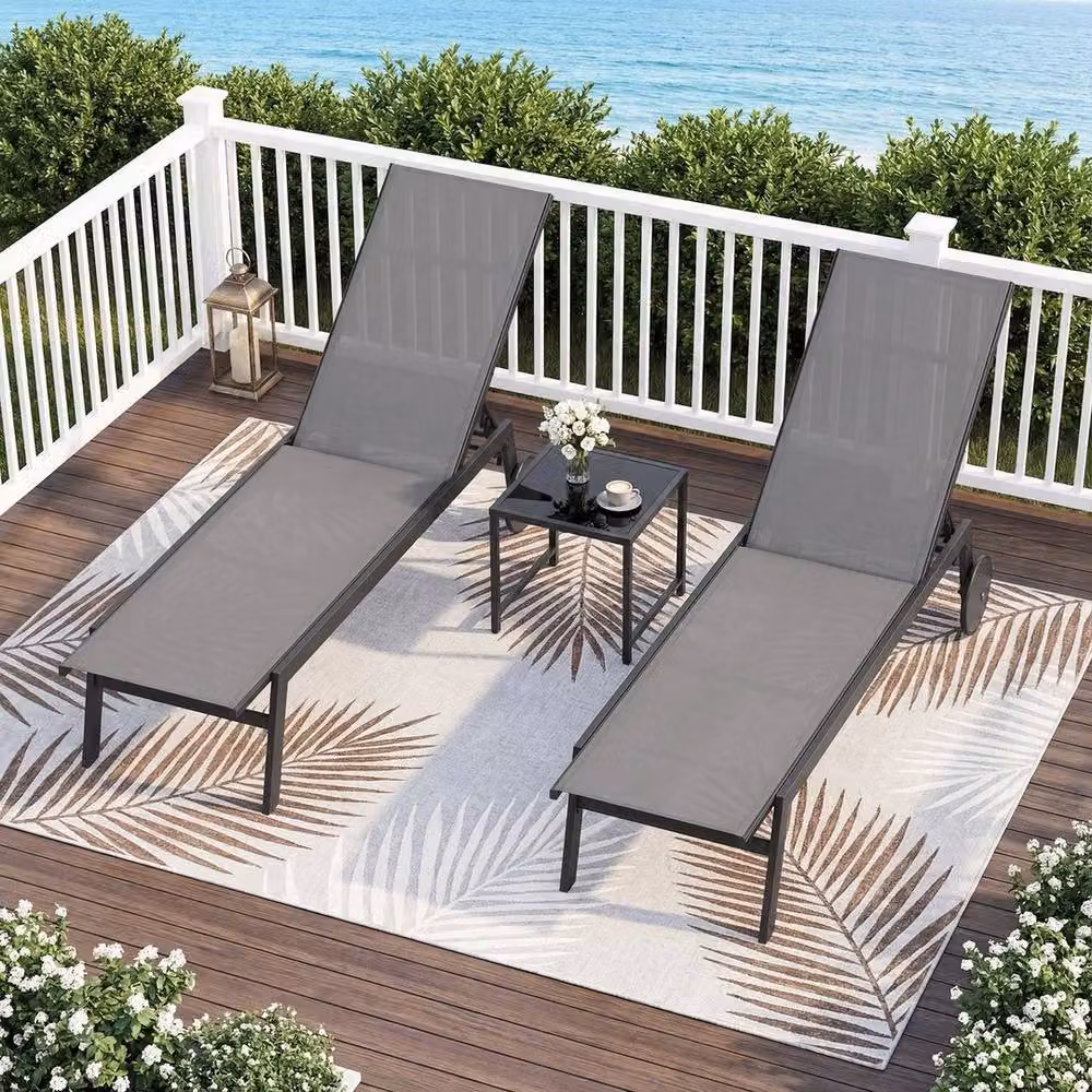 KORVIXA Grey Textilene Outside Sun Lounger Patio Chaise Lounge Chair with Adjustable Headrest and Castors – 3