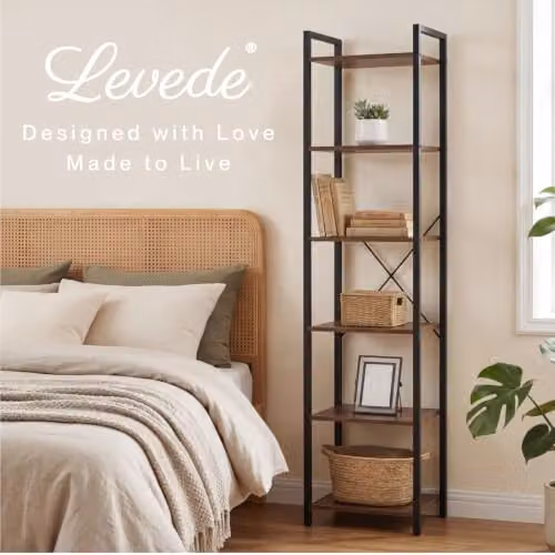 Levede 6-Tier Tall Narrow Bookshelf with Door, Walnut and Brown, W/D/H: 30 x 30 x 187.5 cm – 3