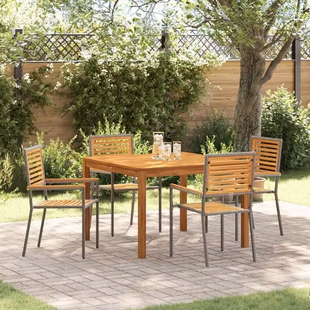 Berkfield Home 5 Piece Grey Poly Rattan and Acacia Wood Garden Dining Set – 1