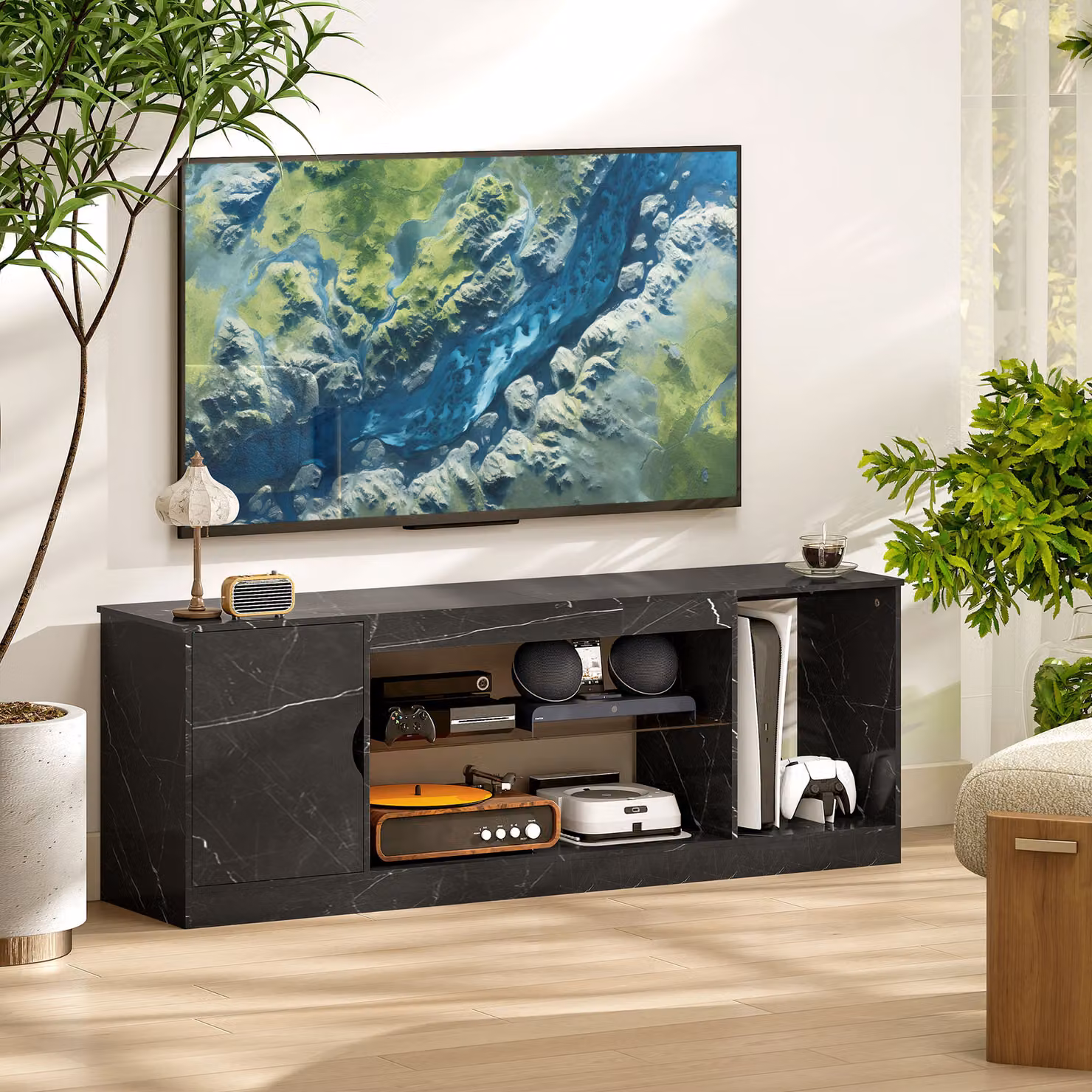 HOMCOM Black Marble Effect TV Stand Cabinet with Glass Shelf for TVs up to 55 inch – 6