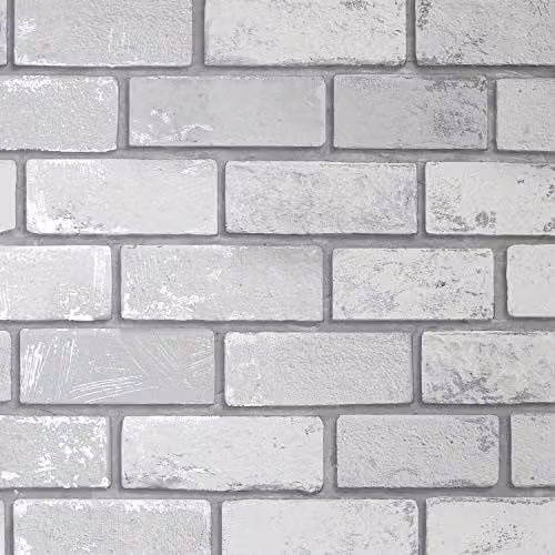 Arthouse Metallic 3D Brick Effect Wallpaper in White and Silver