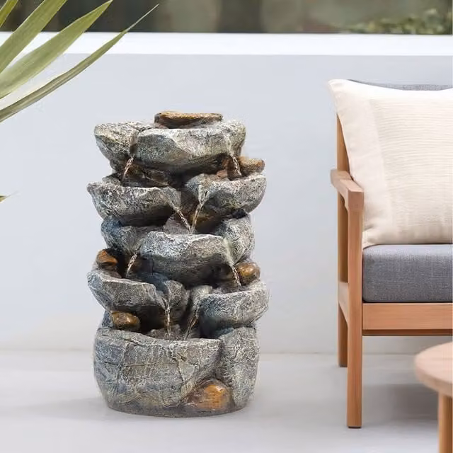 Lifeideas Solar Rockery Fountain with LED Lights in Grey, Height: 31 cm