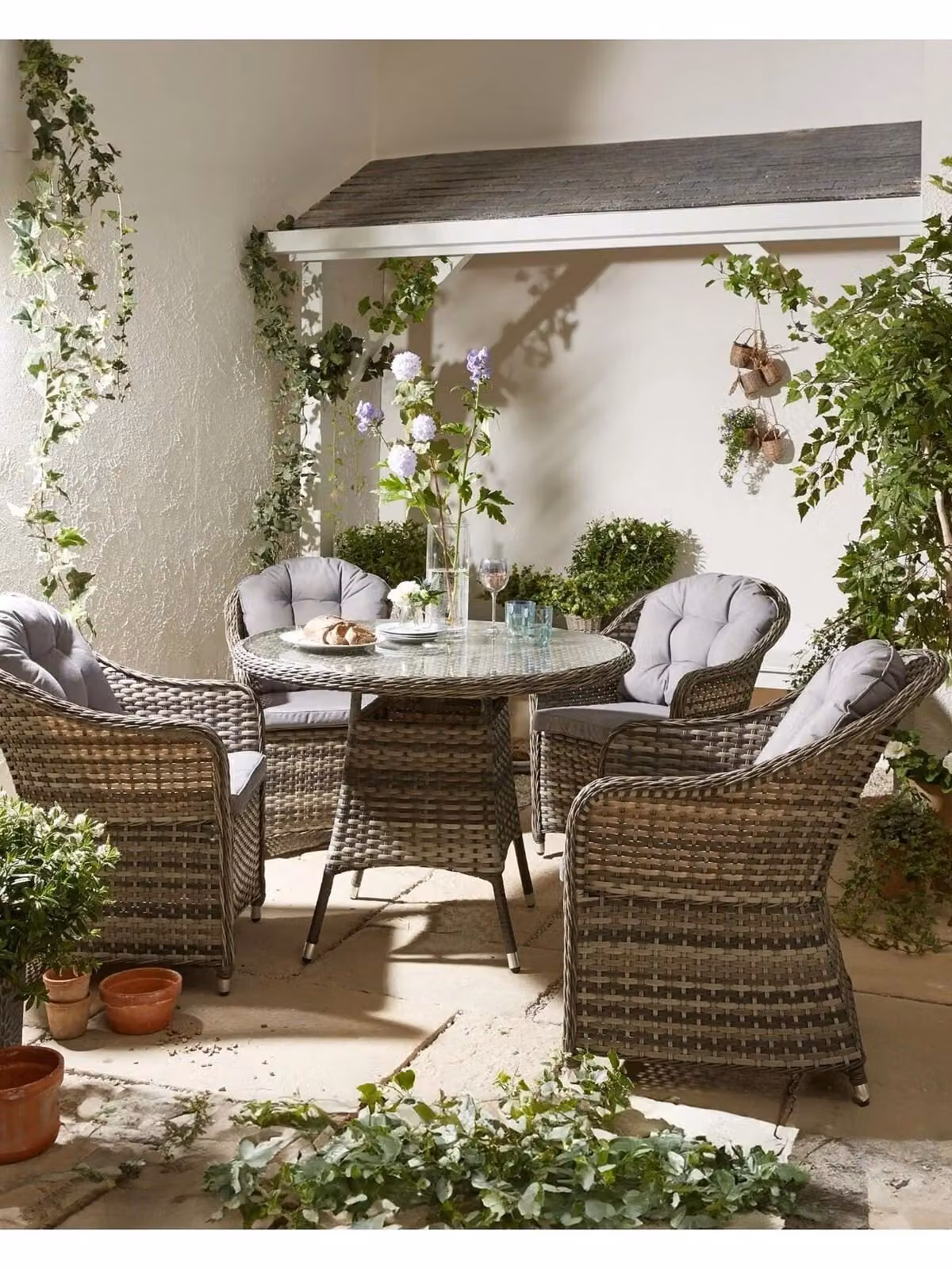 Florida 4 Seater Dining Set Grey Rattan and Glass Outdoor Furniture