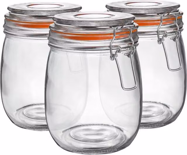 Argon Tableware Transparent Glass Storage Jar with Orange Clip Seal, 0.75 l, Pack of 3