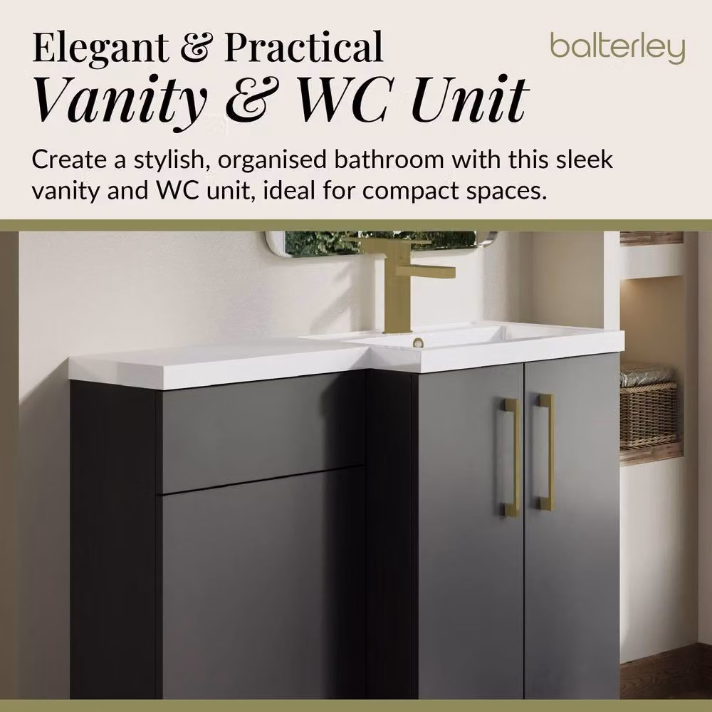 Balterley Modern Grey Freestanding Vanity Unit with Soft Close Doors and Brushed Brass Details, W: 110 cm – 3