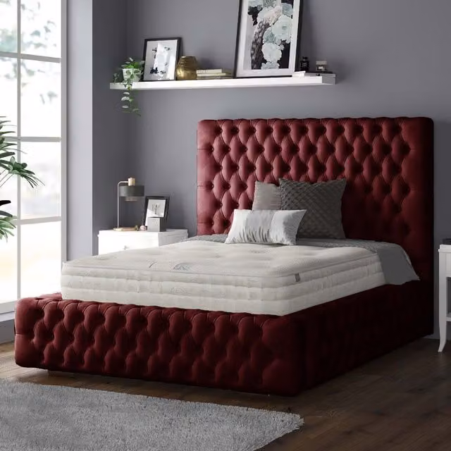 IH Design Royal Cushioned Chesterfield Plush Velvet Bed Frame, Red, 200 x 200 cm