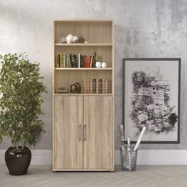 Furniture To Go Prima 5-Shelf 2-Door Modern Bookcase in Brown