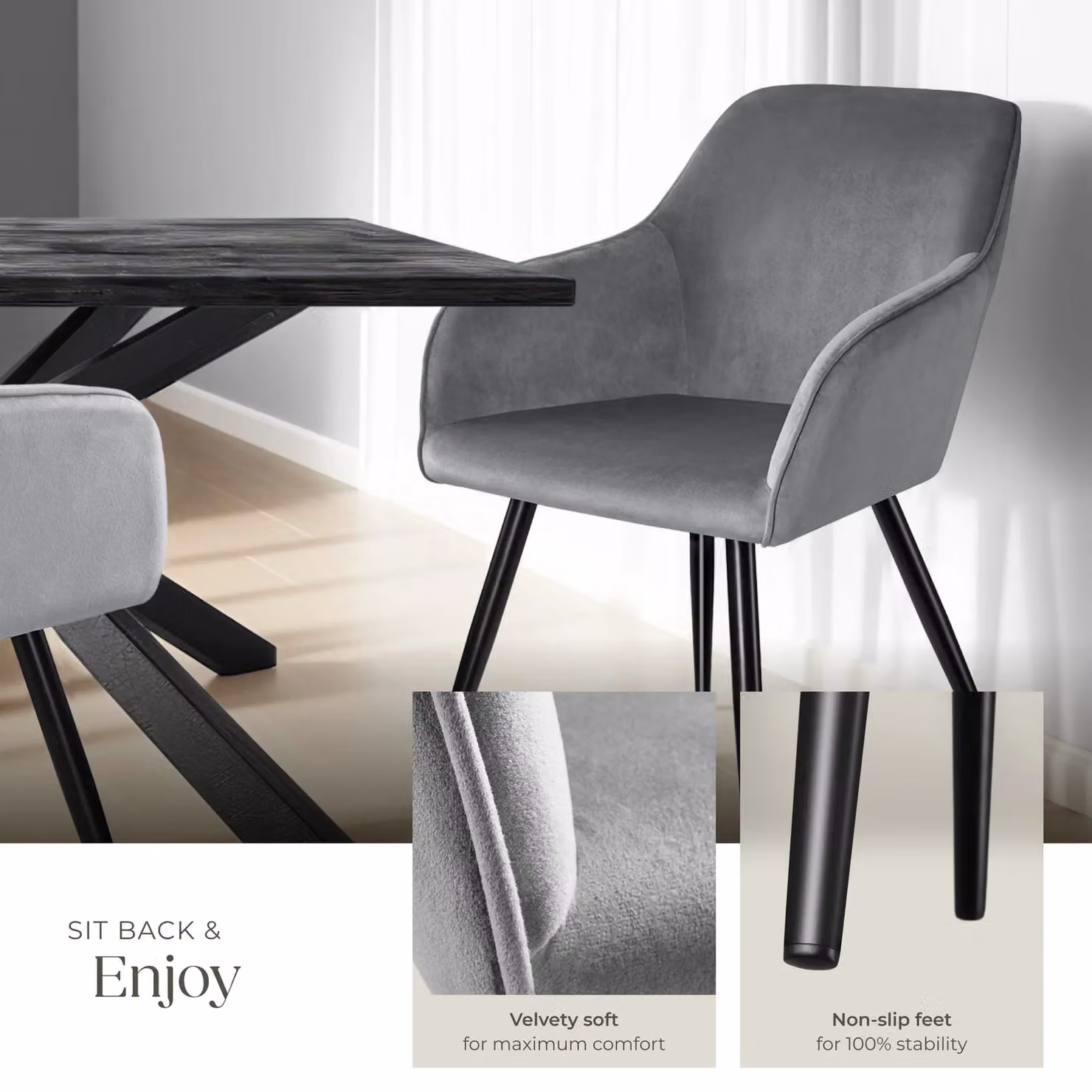 tectake Marilyn Velvet Dining Chair Set of 2 in Grey and Black – 4
