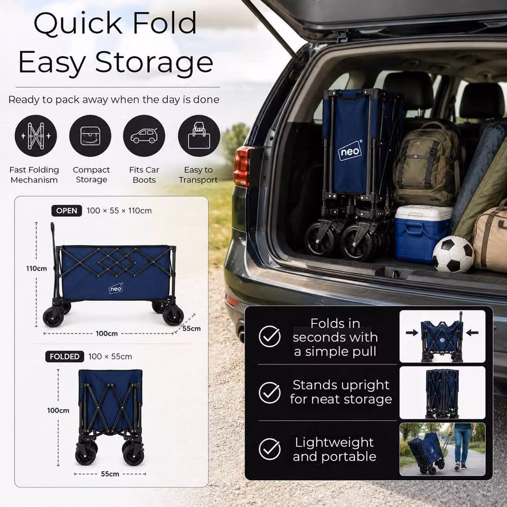 Neo XL Heavy Duty Folding Wagon Cart with Adjustable Handle, 300L, Mid Navy Blue – 6