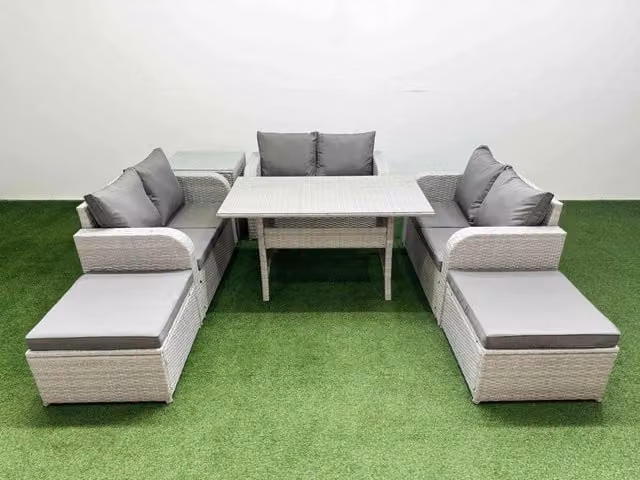 Fimous 8 Seater PE Wicker Rattan Garden Furniture Set in Light Grey with Rectangular Dining Table, 2 Seater Love Sofa, 2 Footstools and Side Table