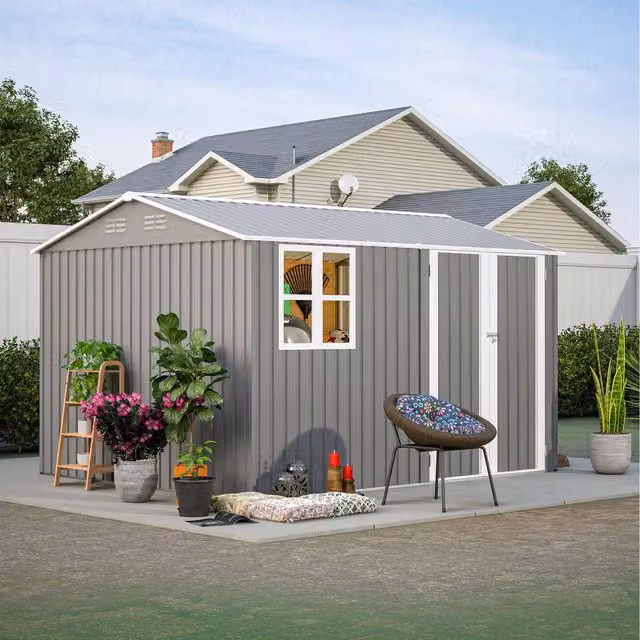 BIRCHTREE Grey Metal Garden Shed with Window and Gable Roof