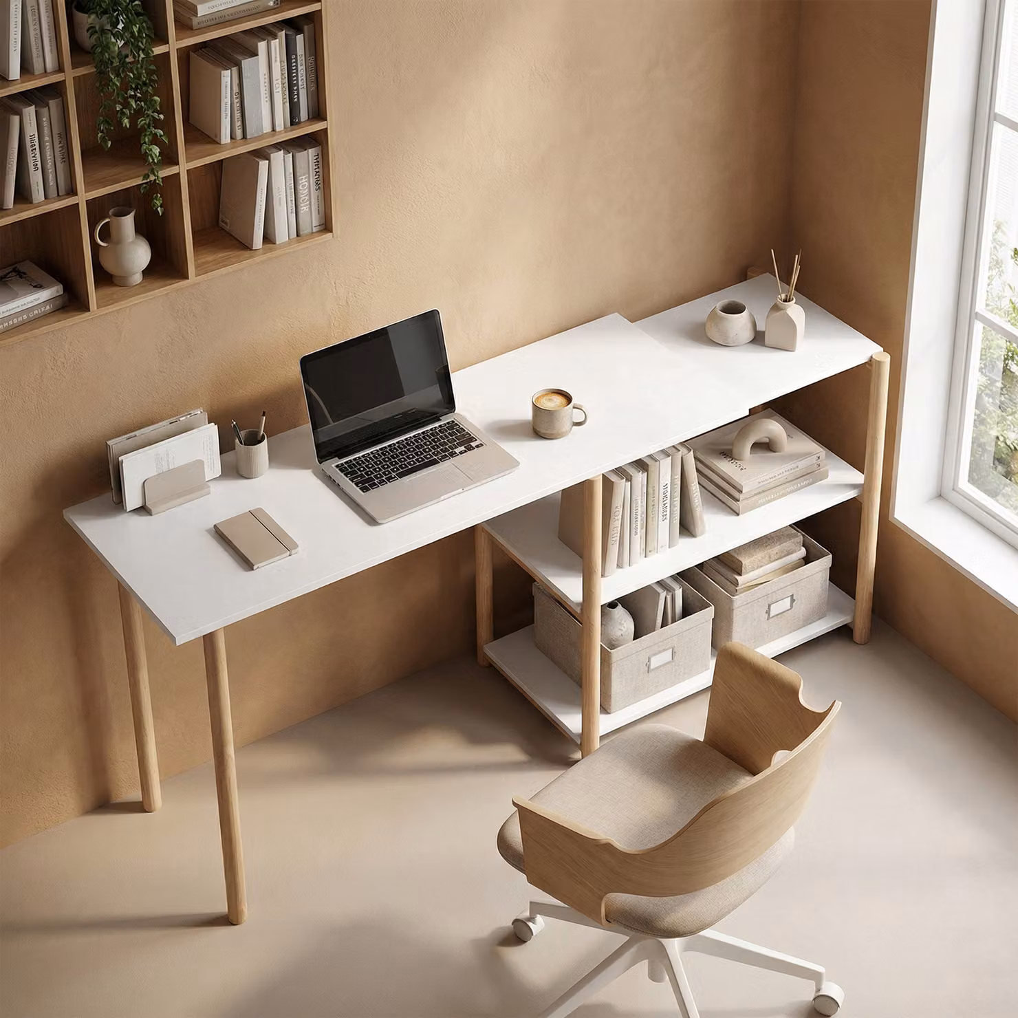 HOMCOM Modern Computer Desk with Storage Shelves and Bamboo Frame, White and Oak – 7