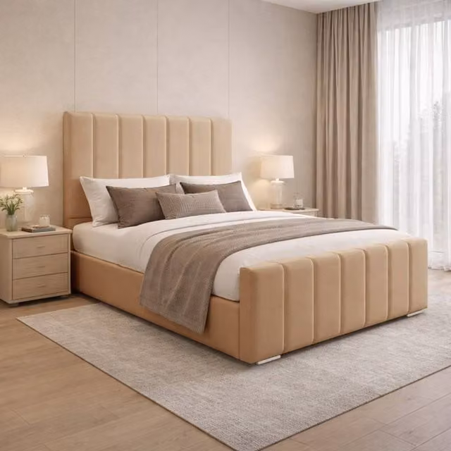 Desire Deco Eleanor Upholstered Plush Velvet Panel Bed Frame in Beige, Single (90 x 200 cm) – 1