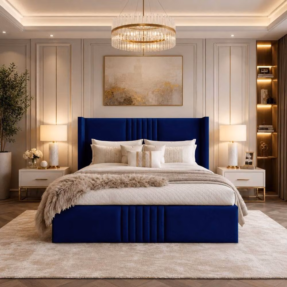 Desire Deco Brookes Wingback Ottoman Storage Bed Frame in Blue Plush Velvet, Small Double, W/D/H: 120 x 200 cm – 2