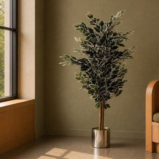 Botanik Leaf 130cm Artificial Variegated Bushy Ficus Tree with Silver Planter in Green and White – 1