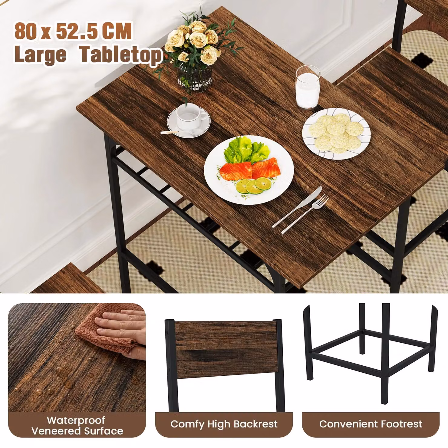 Costway 3-Piece Retro Dining Table and Chair Set in Brown with Wood and Metal Construction – 3