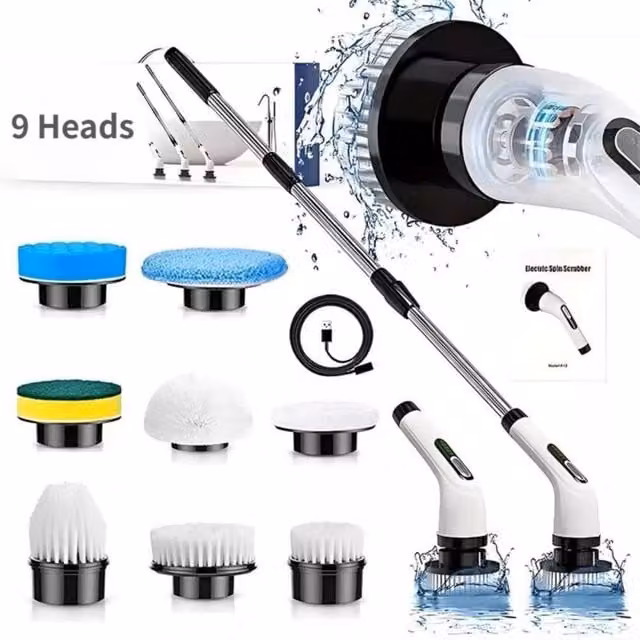 NESTLUNE 9 in 1 Electric Spin Scrubber Handheld Cleaning Brush, White, H x W x D: 100 x 15 x 15 cm