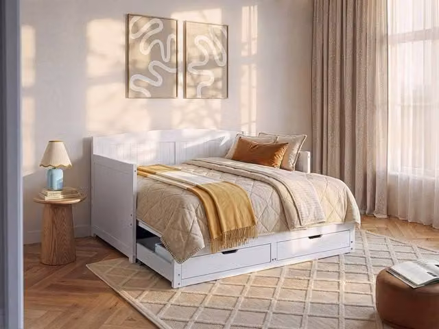 DINIVIA White Lacquered Trundle Bed with Drawers, W/D/H: 90 x 190 x 100 cm – 1